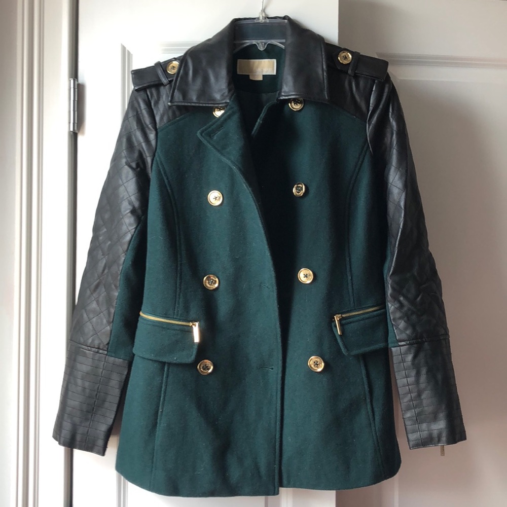 Michael Kors Green and Black Leather Peacoat sz S
